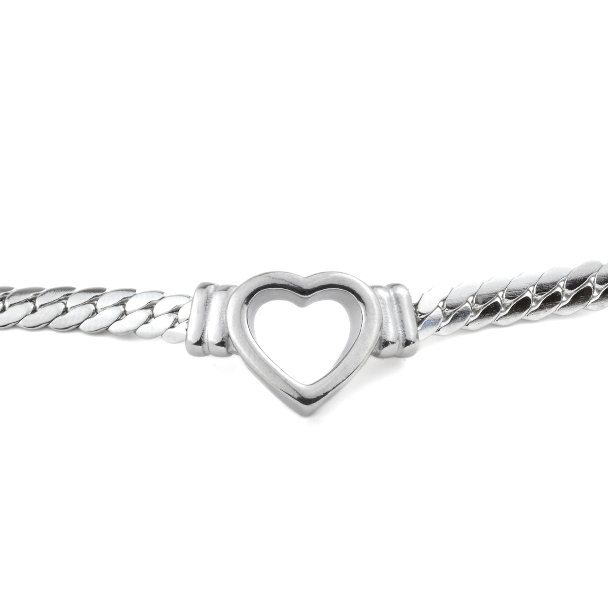 Silver necklace with a chunky heart centerpiece on a white background