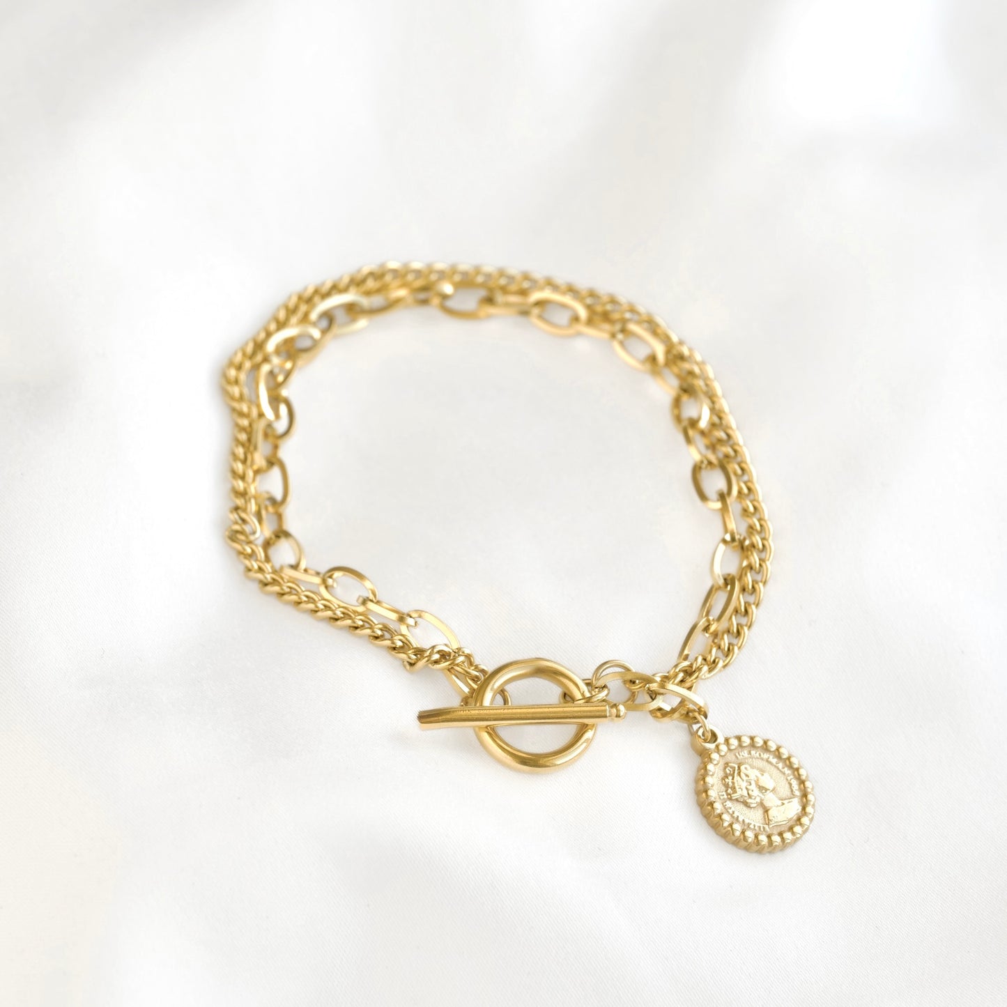 Double Layered Coin Charm Toggle Bracelet - Stainless Steel