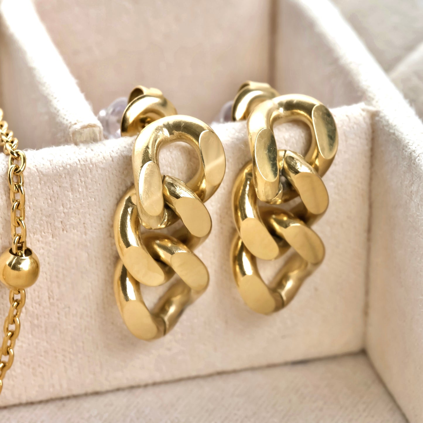 Gold chain earrings in a beige jewelry case