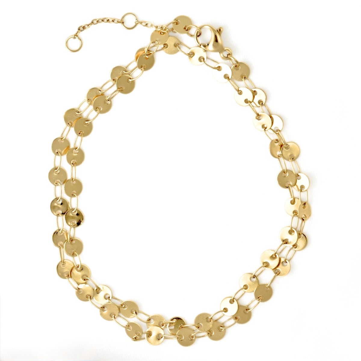 A gold disc-link chain necklace with a lobster clasp and extender chain, displayed on a clean white background.