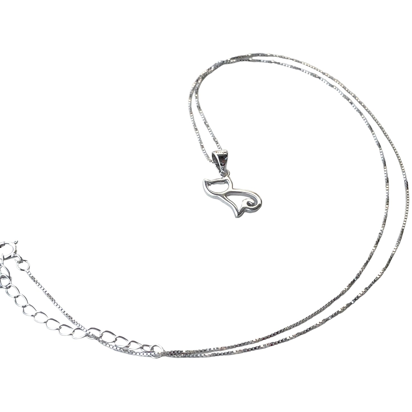Silver necklace with a thin box chain, cat-shaped pendant, spring ring clasp and extender on a pure white background