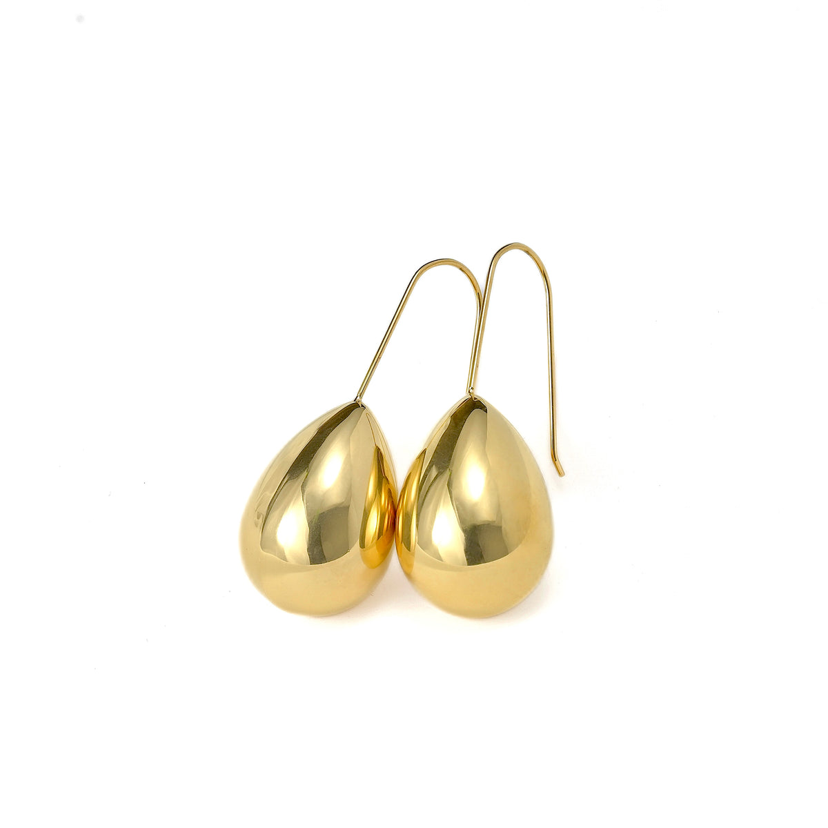 Pair of gold waterdrop earrings on a white background