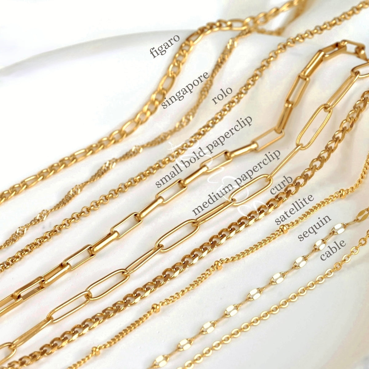 Gold chains with various designs on a white background. The chain types are as follows from back to front: figaro, singapore, rolo, small bold paperclip, medium paperclip, curb, satellite, mariner and cable.