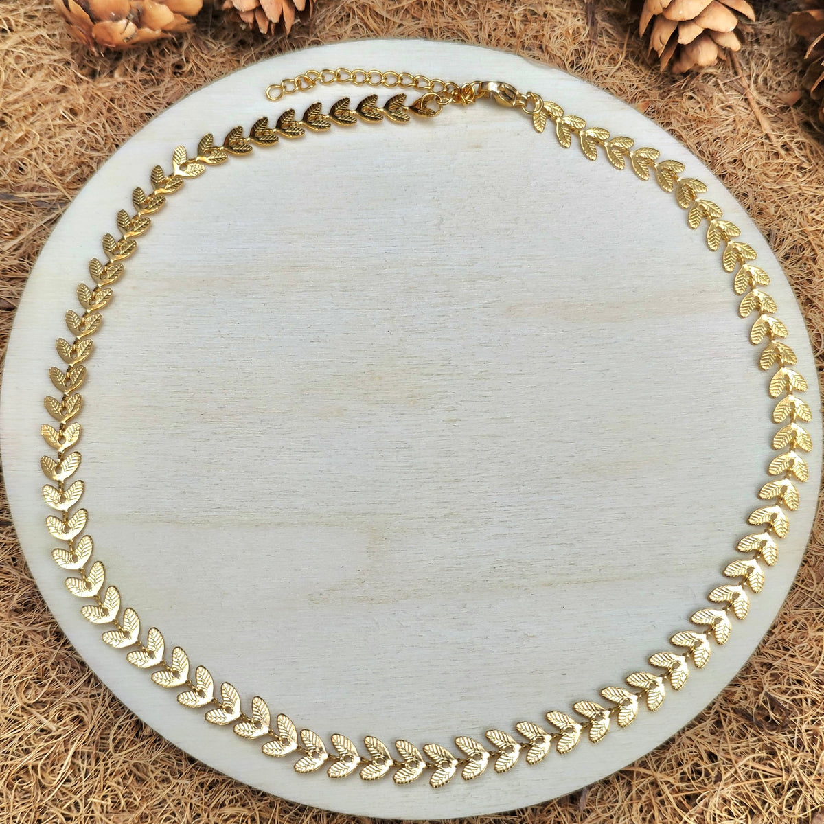 Wide angled top view of gold lchevron chain necklace on a round white plate with a natural wood background
