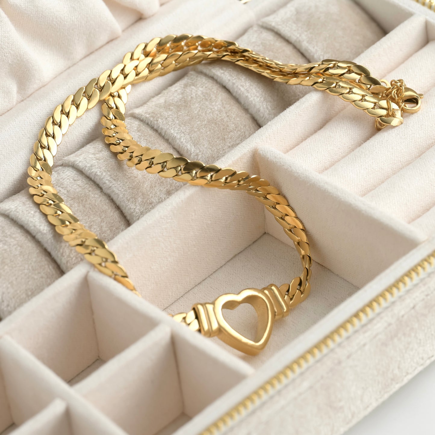 Thick Heart Choker Necklace, Stainless Steel Solid Heart Charm Necklace, Tarnish-free, Flat Snake Chain