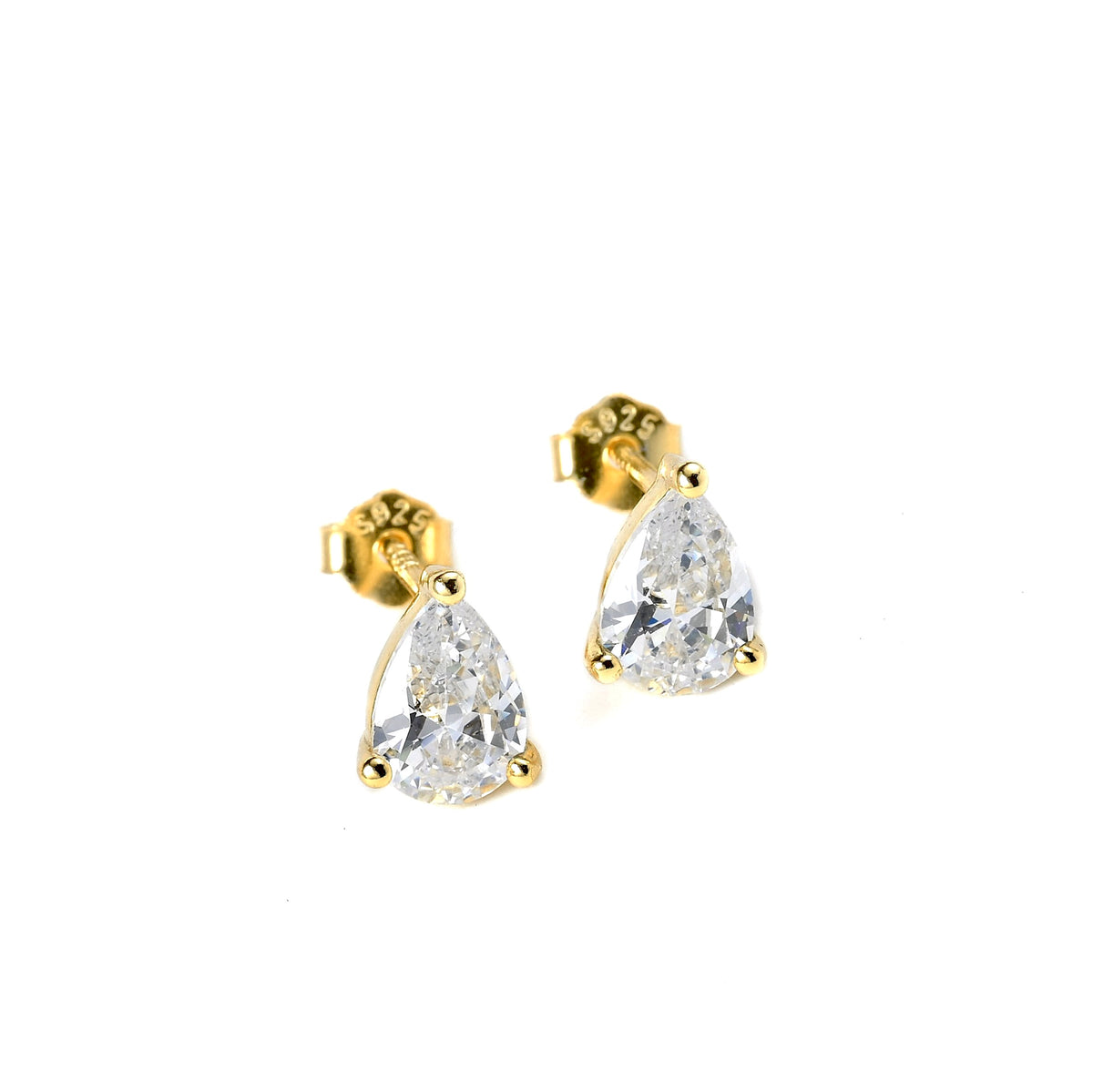 Gold teardrop earrings with clear gemstones on a white background including butterfly backs with S925 hallmark.