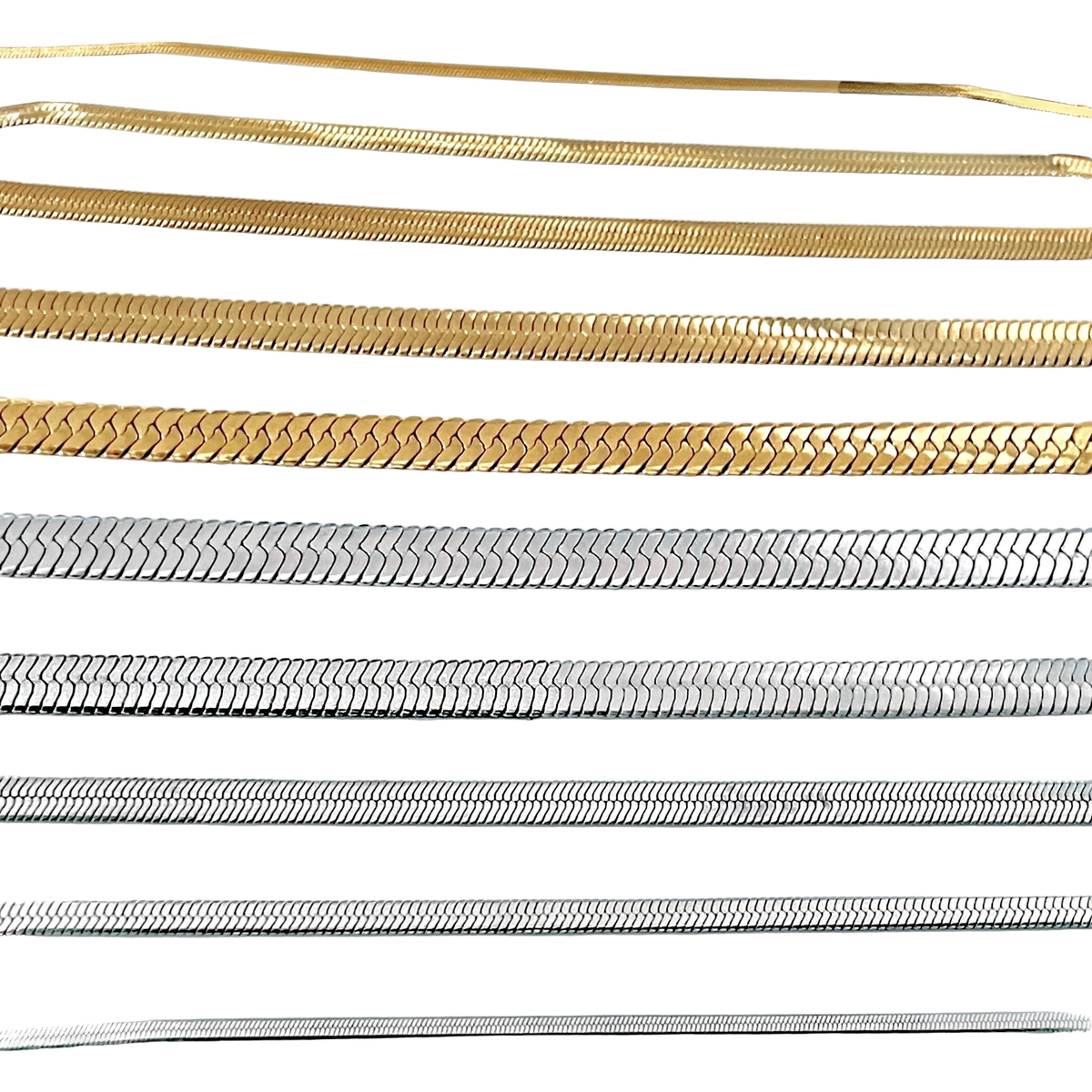 Set of gold and silver stainless steel herringbone necklaces of various widths on a white background