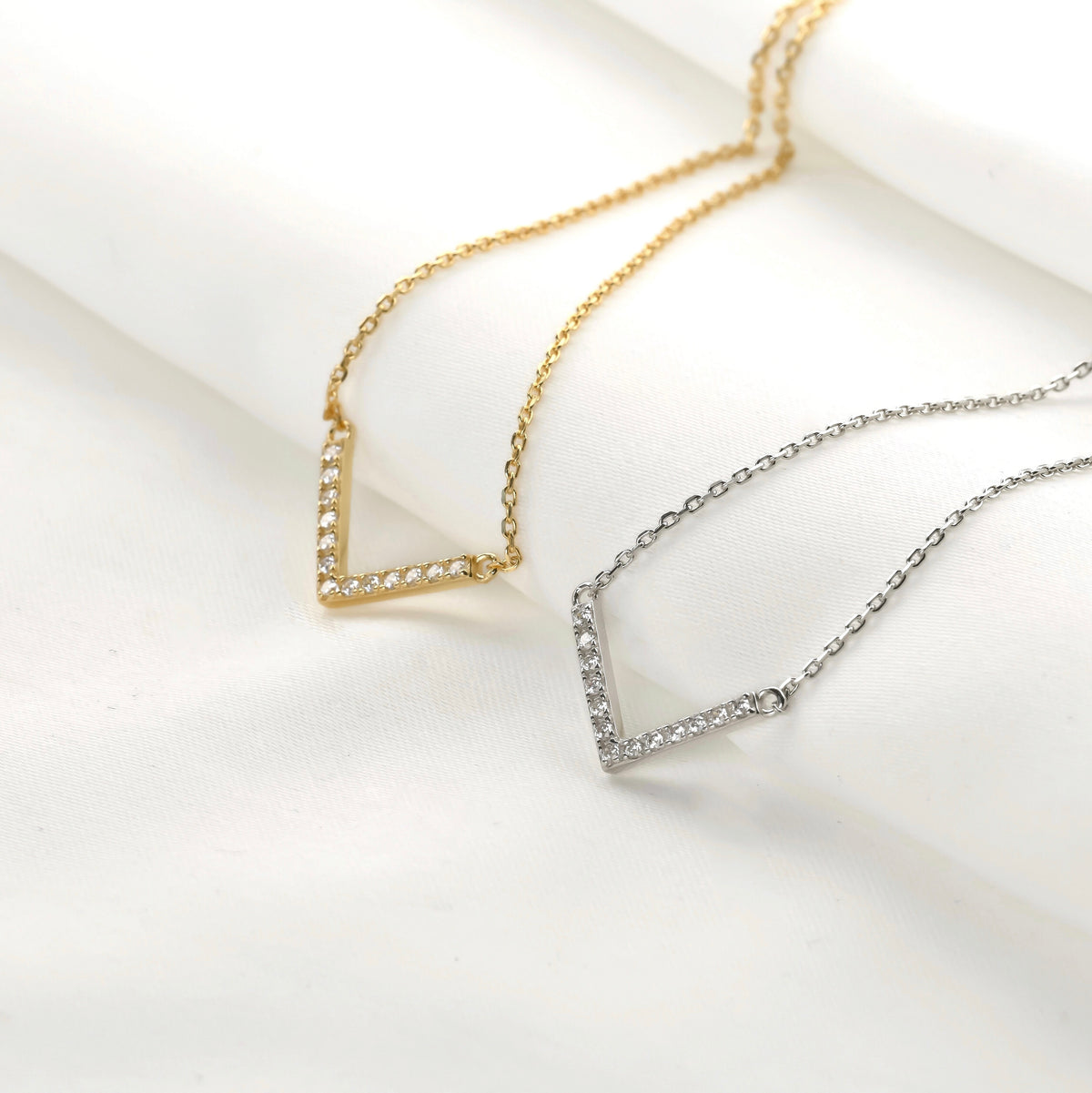 925 Sterling Silver CZ Necklace - Round, Pear & V-shaped Charms