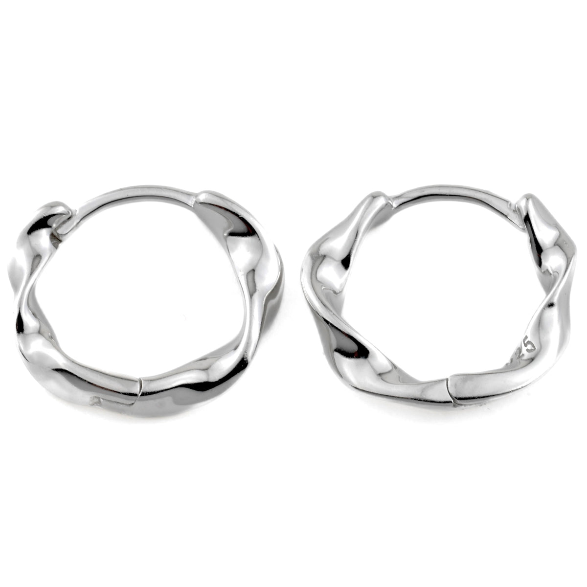 Top view of twisted silver huggie hoop earrings with S925 stamp on the inside on a white background