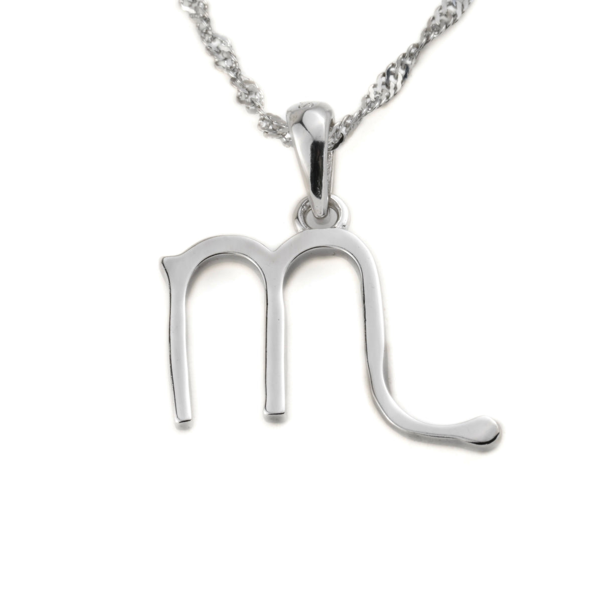 Silver Scorpio pendant necklace on a white background