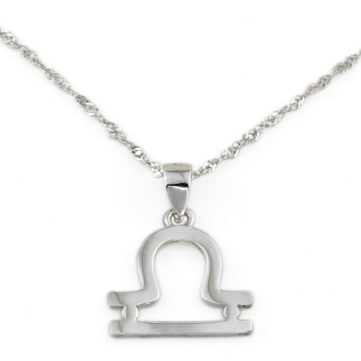 Silver Libra pendant necklace on a white background
