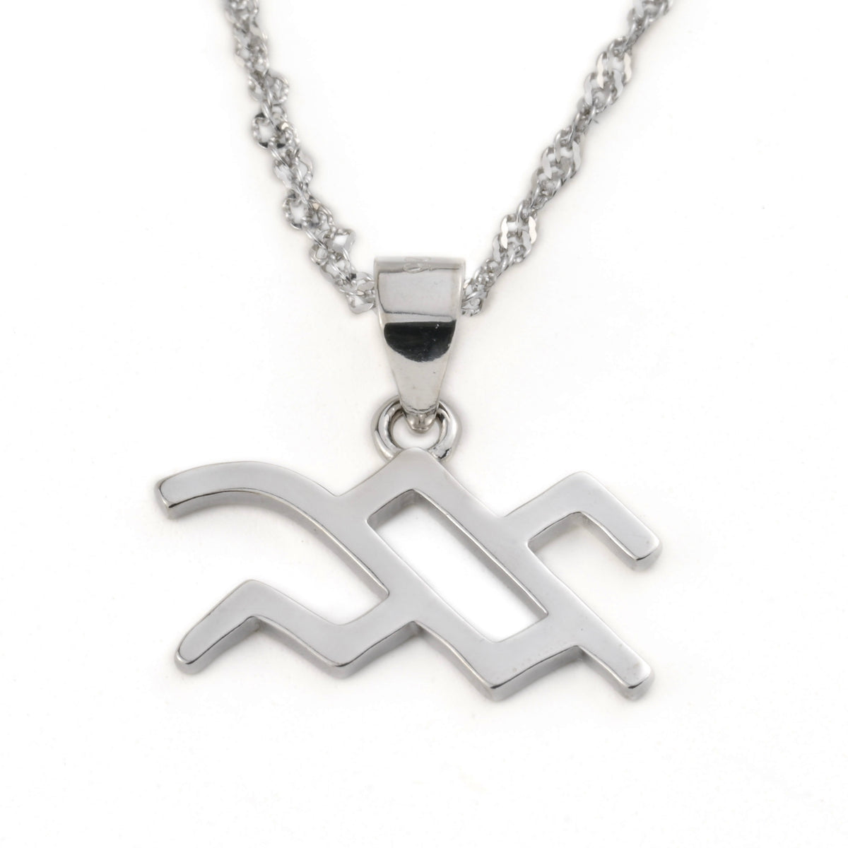 Silver Aquarius pendant necklace on a white background
