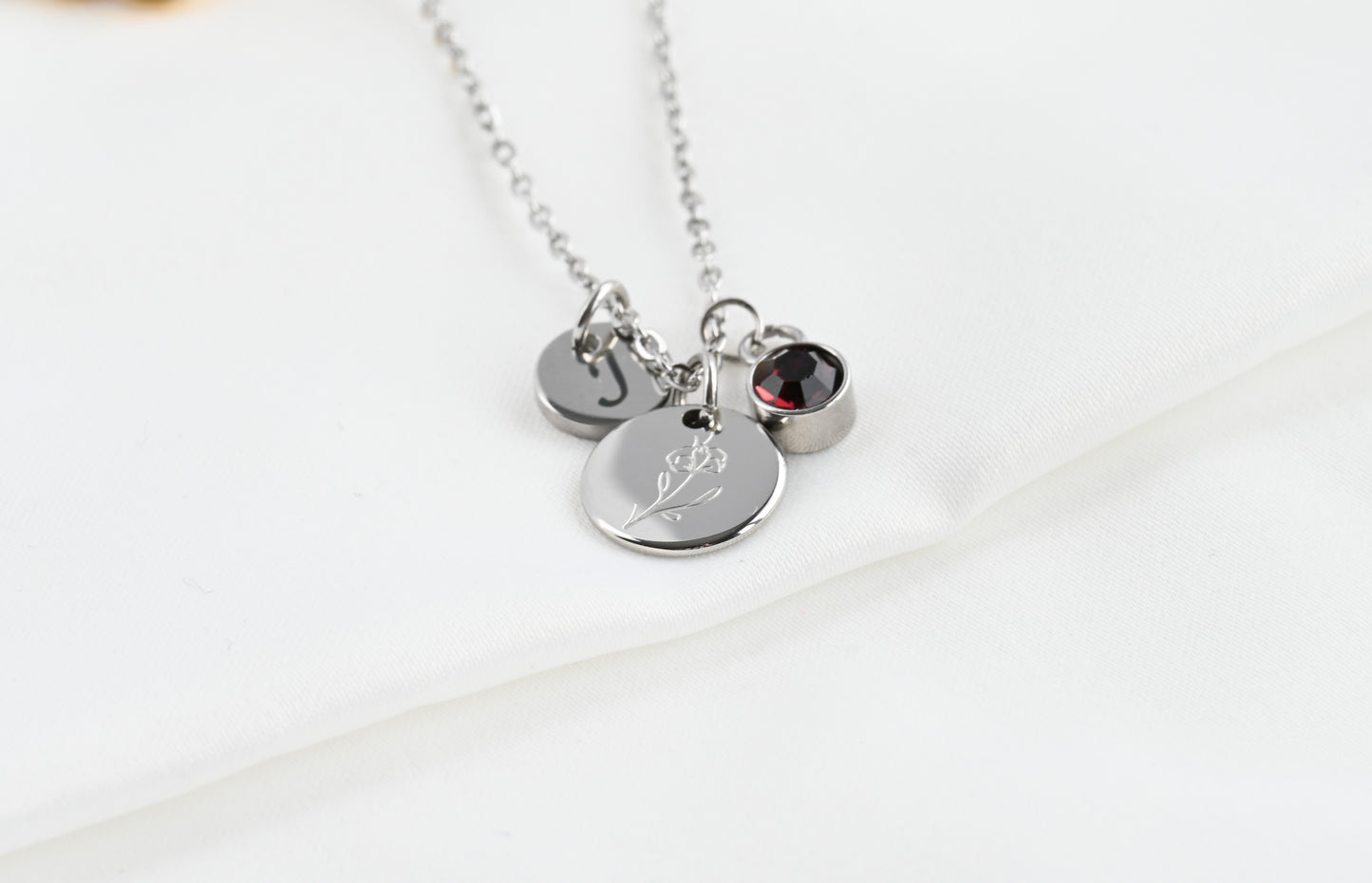 Custom Birth Flower, Birthstone and Initial Necklace