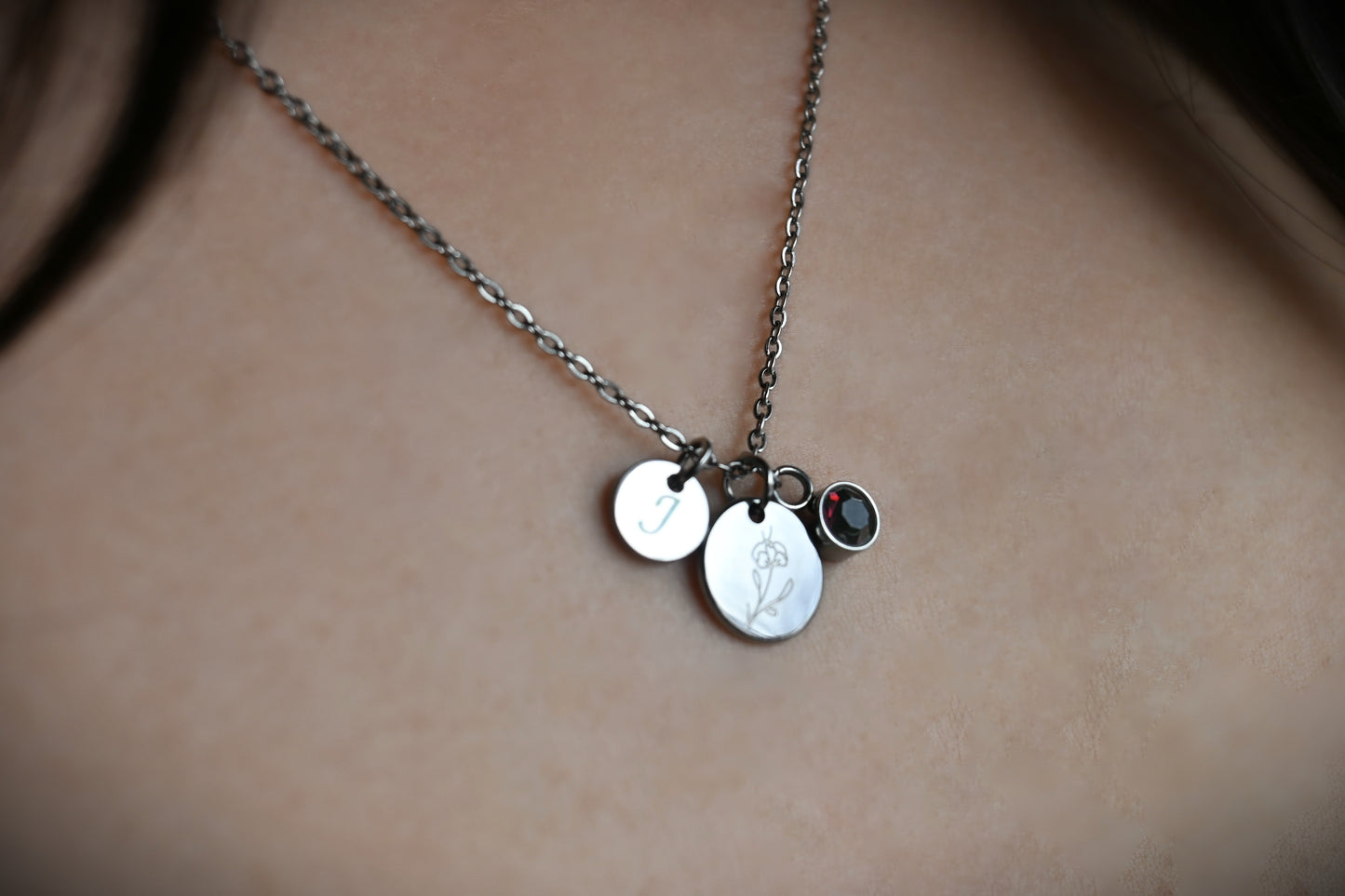 Custom Birth Flower, Birthstone and Initial Necklace