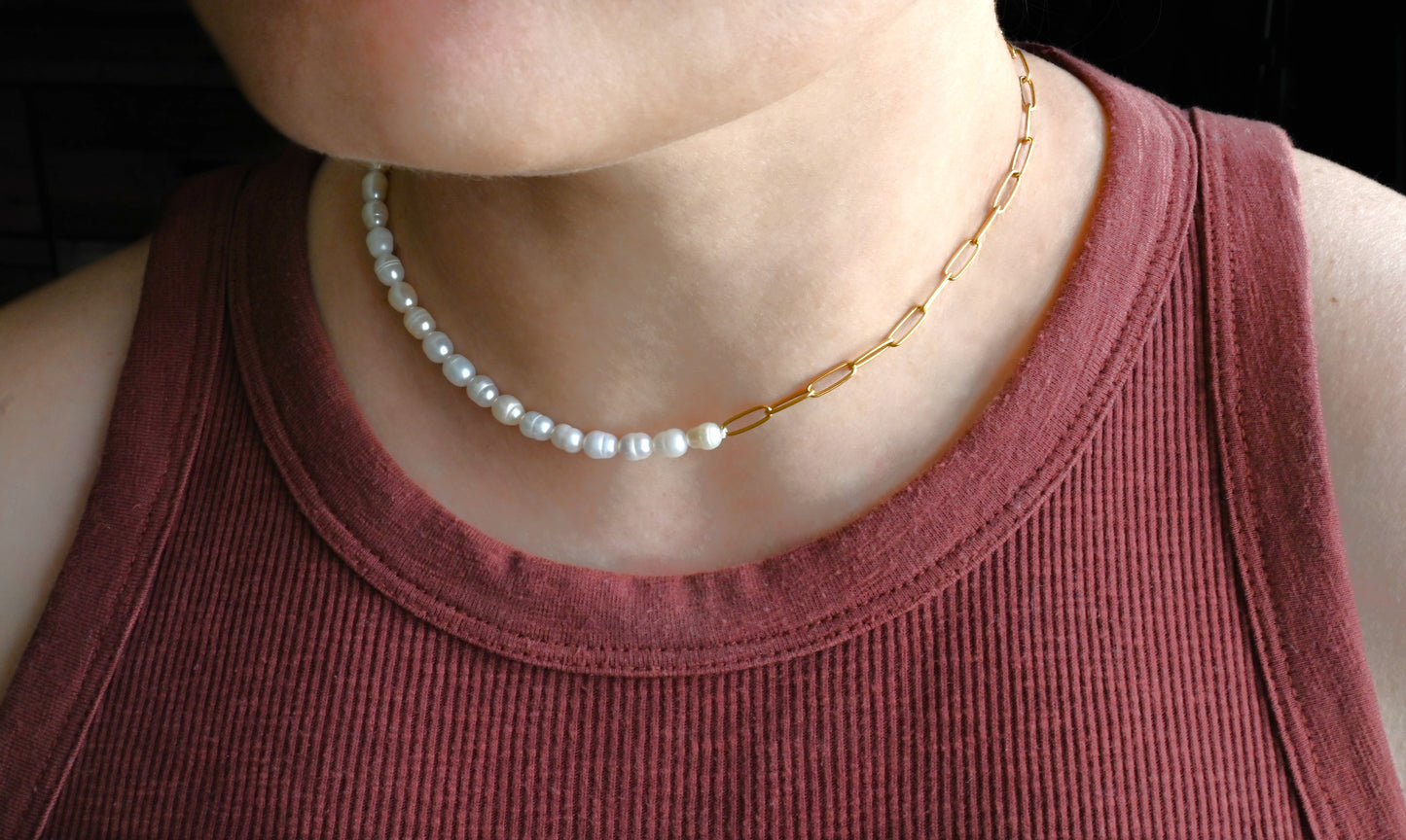 Pearl Paperclip Toggle Necklace