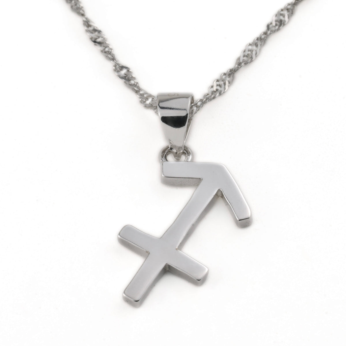 Silver Sagittarius pendant necklace on a white background