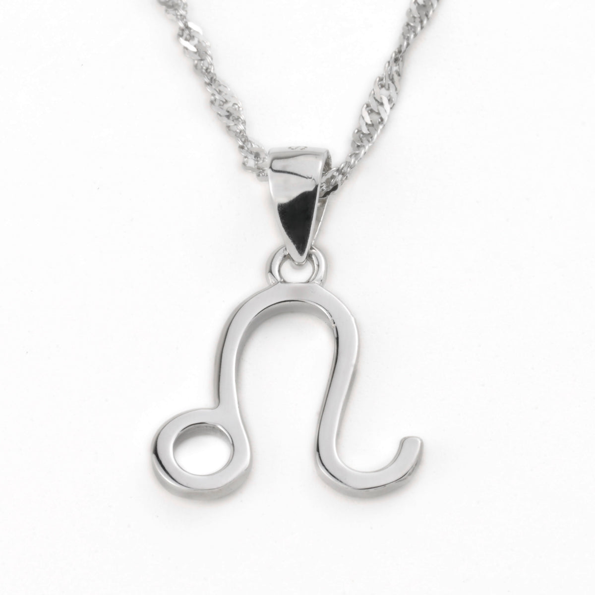 Silver Leo pendant necklace on a white background