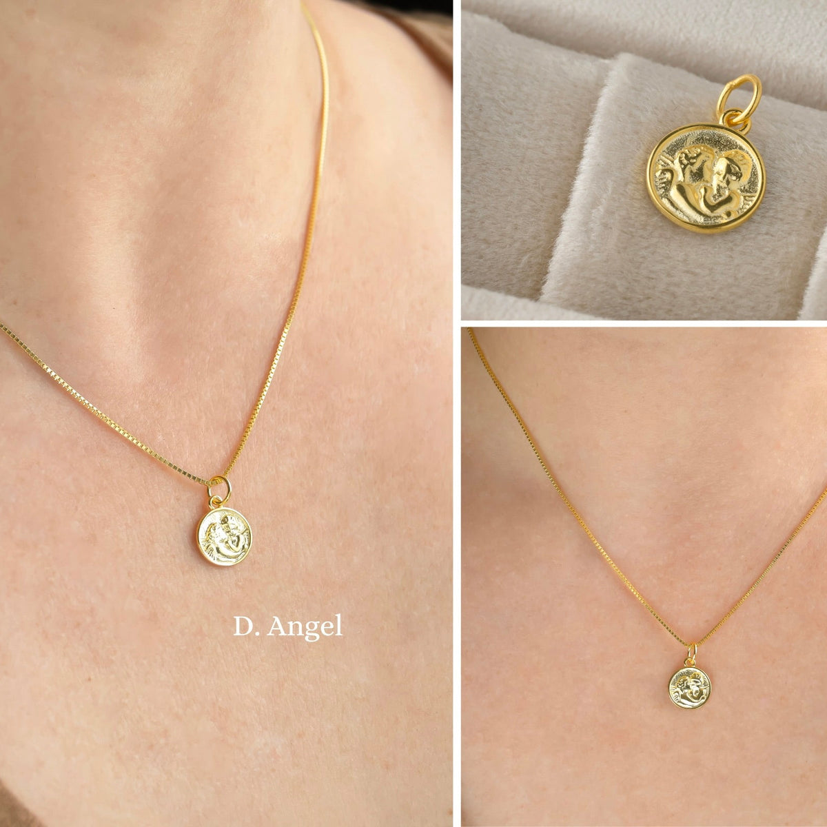 Gold necklace with angel coin pendant on a person's neck, close-up of pendant, and pendant on a neutral background.