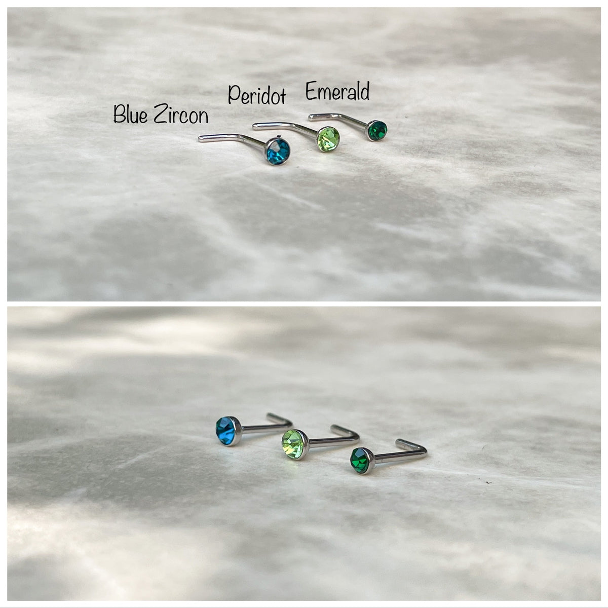 L-shaped nose studs with silver post and stones in various colors including blue zircon, peridot and emerald