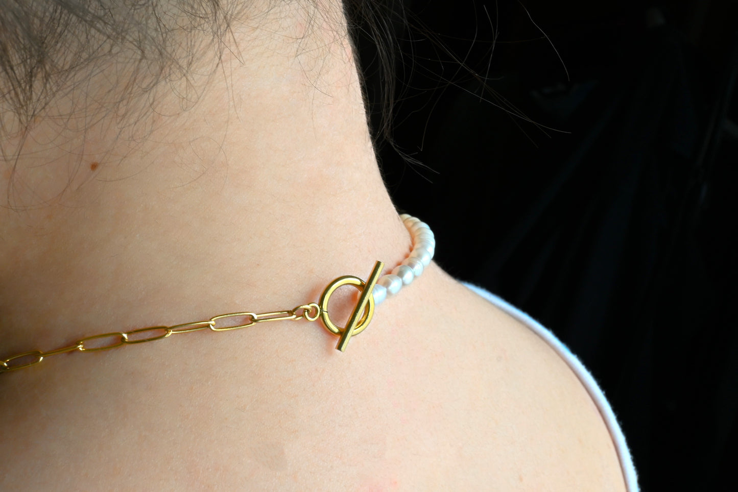 Pearl Paperclip Toggle Necklace