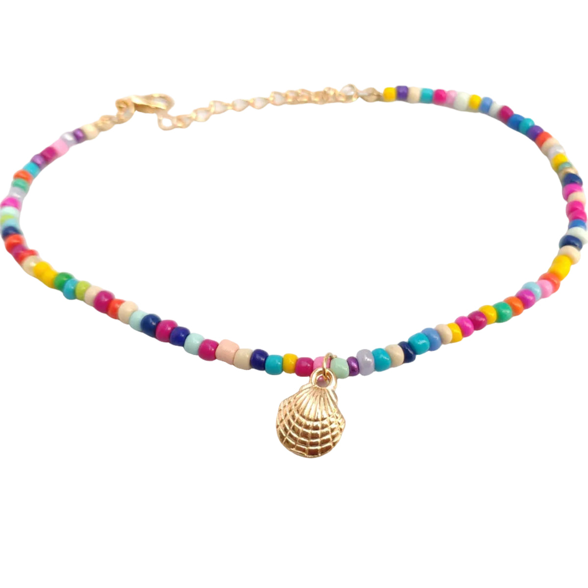 Colorful beaded bracelet with a gold shell charm on a white background