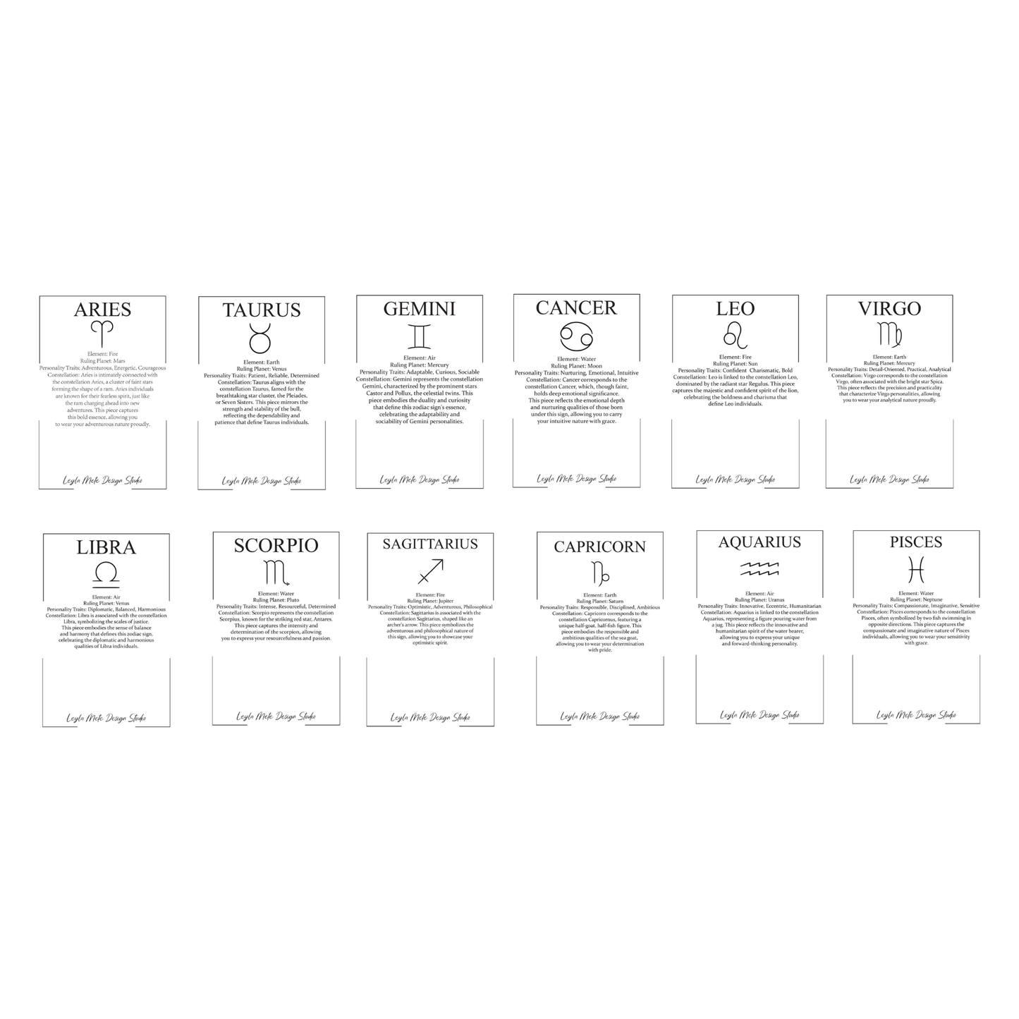 Jewelry cards with zodiac signs including symbols and brief descriptions on a white background