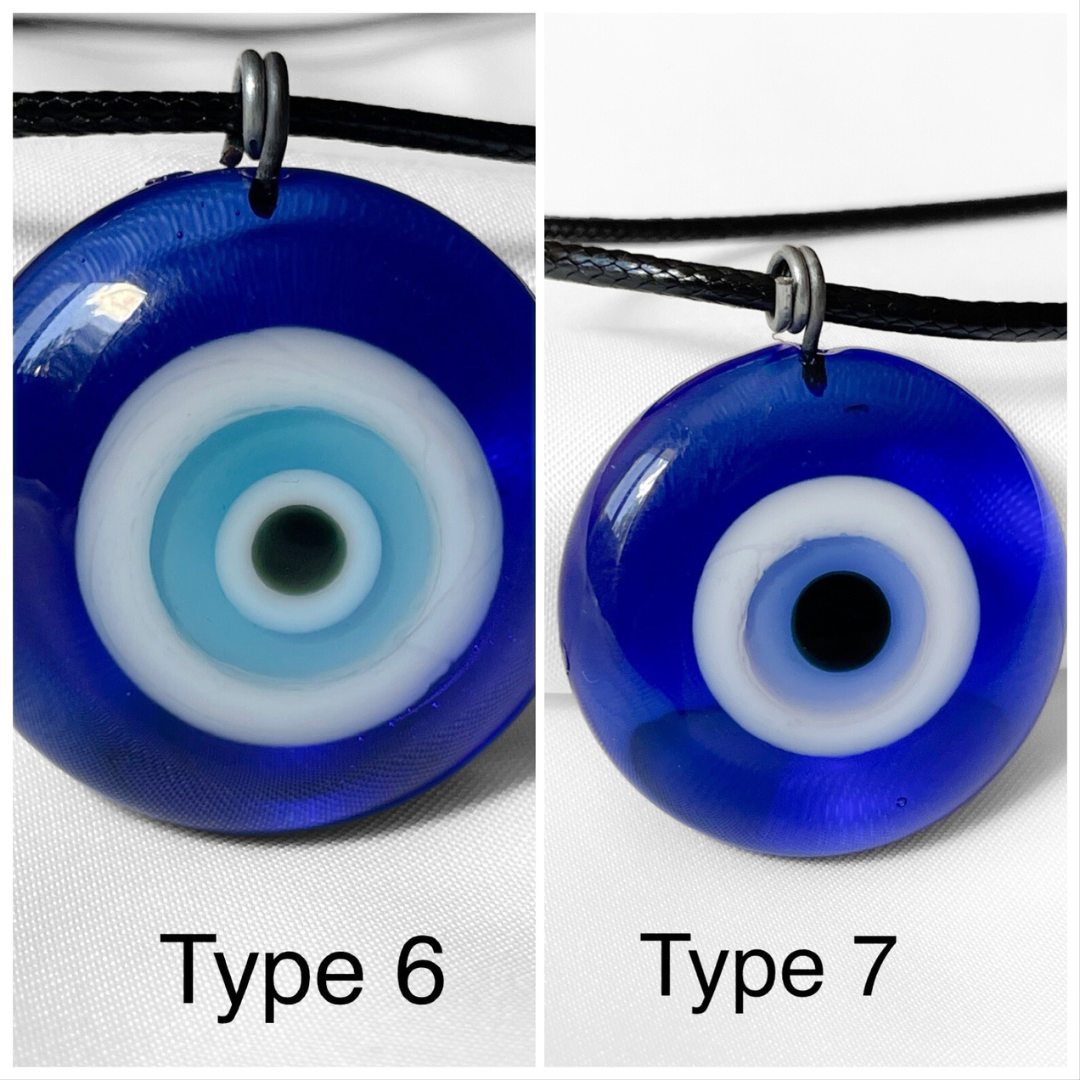Two blue evil eye pendants labeled Type 6 and Type 7 on a white background.
