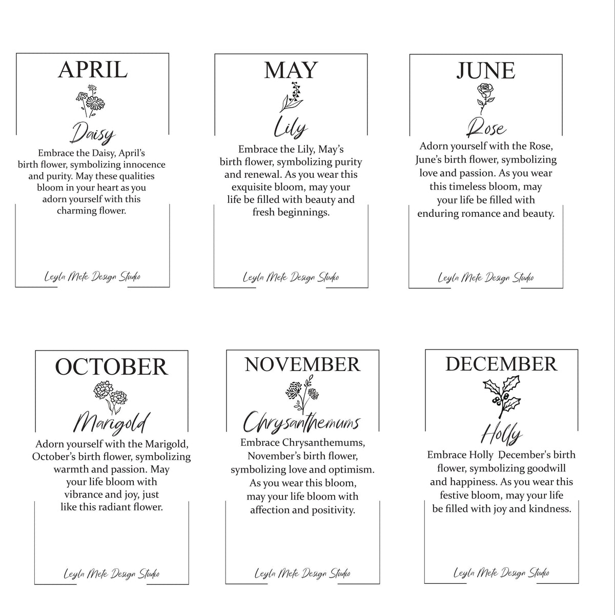 Jewelry cards with floral names for each month on a white background