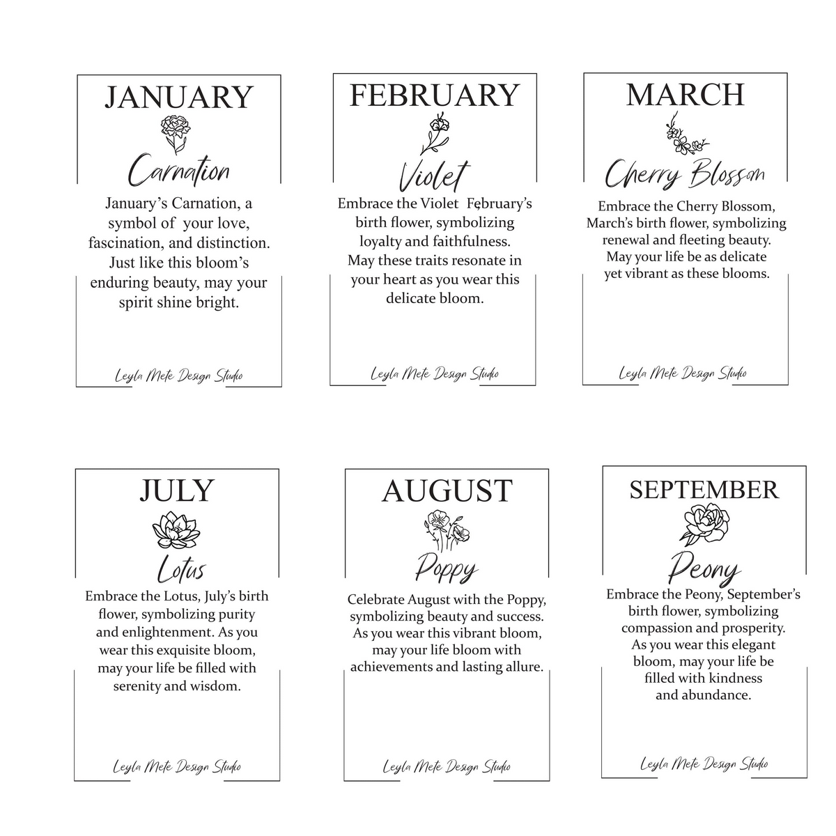 Jewelry cards with birth month flowers and brief descriptions on a white background