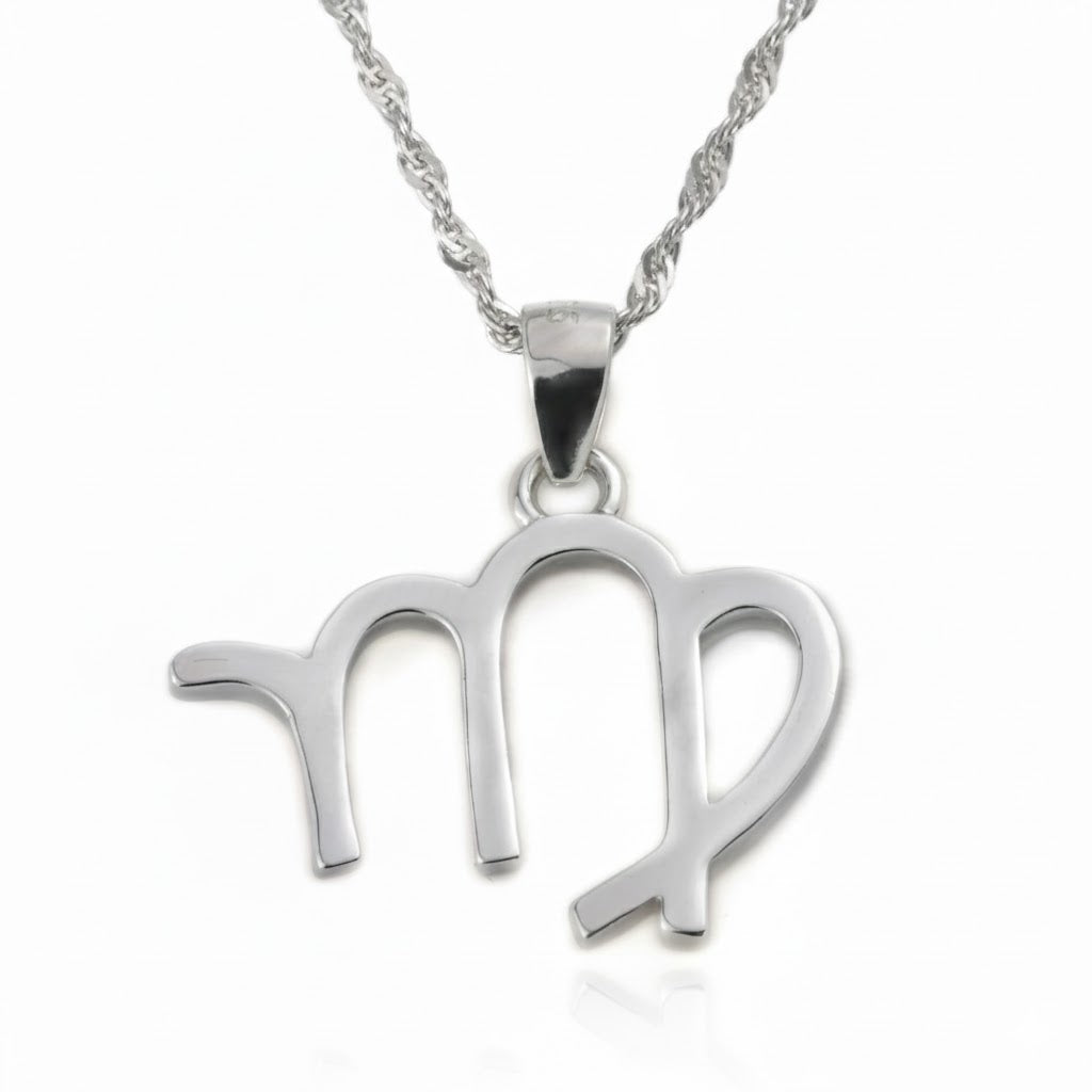Silver Virgo pendant necklace on a white background
