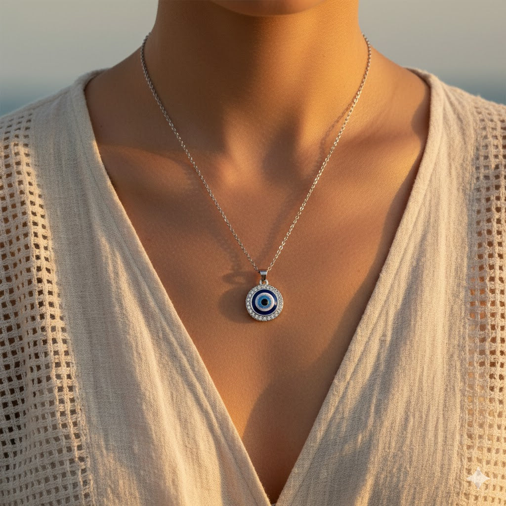 Necklace with a blue eye pendant worn by a person in a beige top.