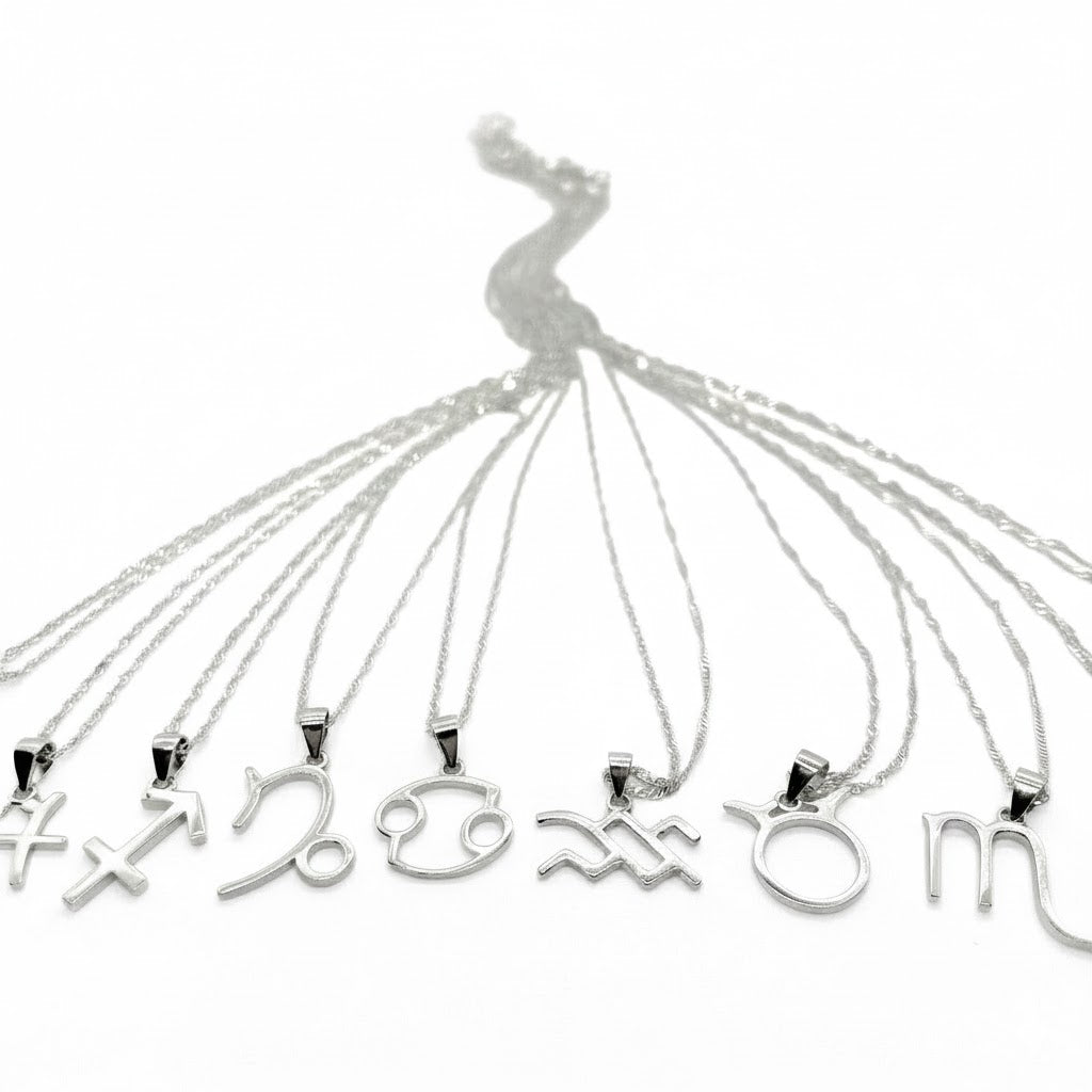 12 Silver zodiac pendants with singapore chains on a white background
