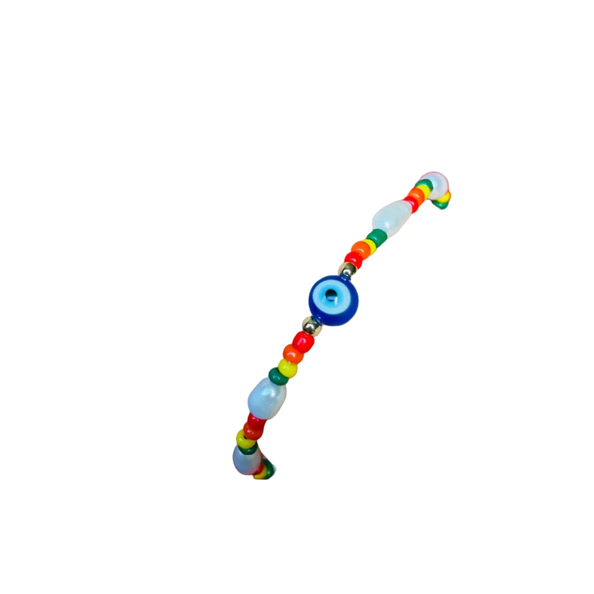 Colorful beaded bracelet with a blue evil eye bead on a white background