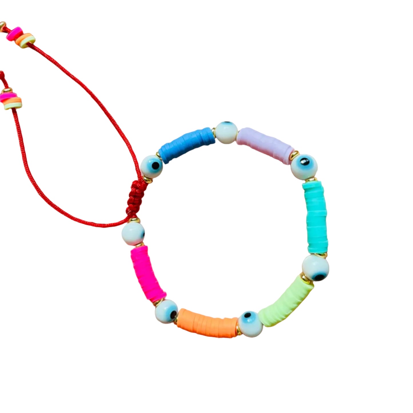Colorful beaded bracelet with multicolored beads on a white background