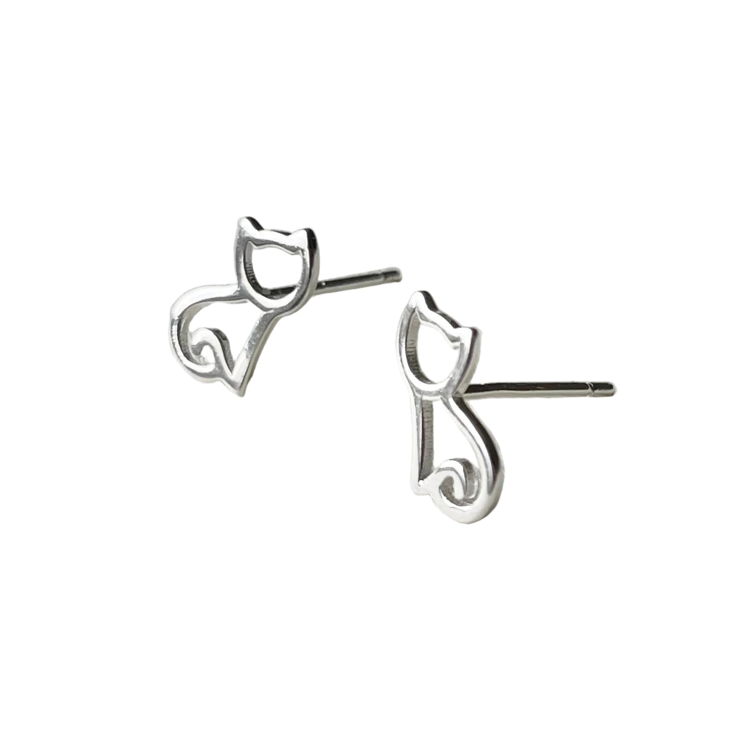 Pair of silver kitten stud earrings on a white background