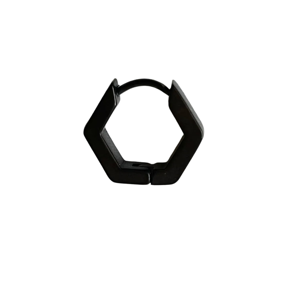 Hexagon shaped hinged hoop earring in black on a white background