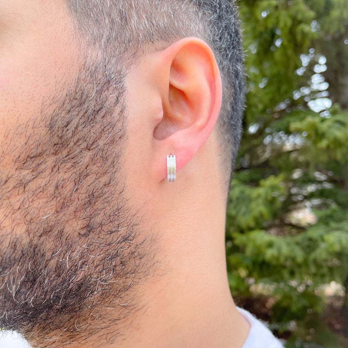 Close-up of a person wearing striped silver hoop earrings with glitter against a blurred green outdoor background
