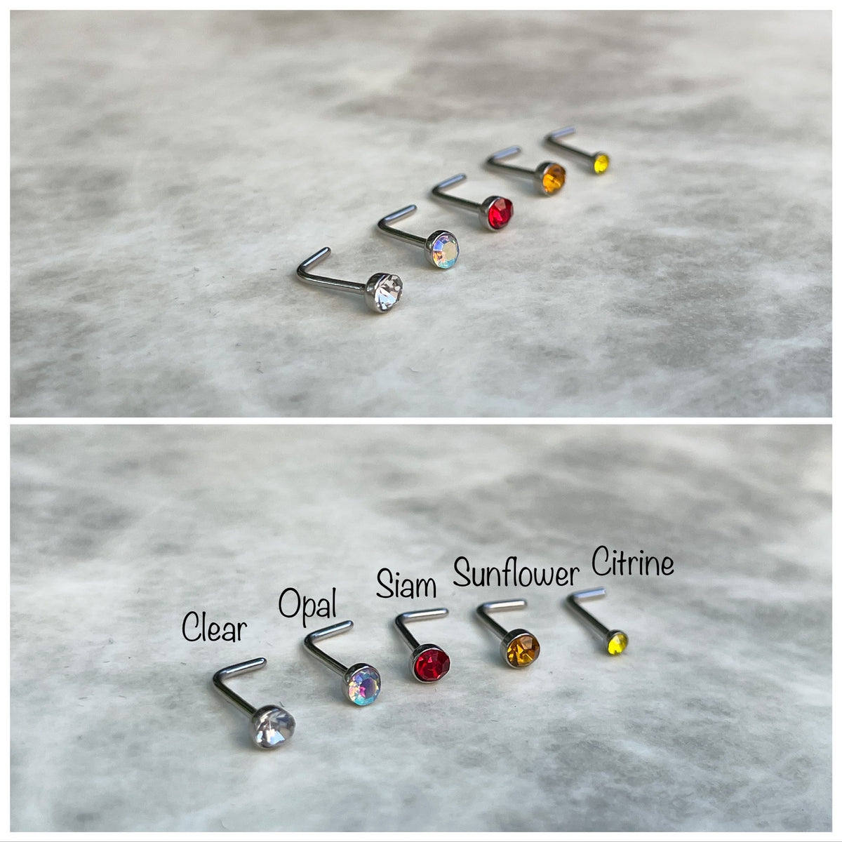 L-shaped nose studs with silver post and stones in various colors including clear, opal, siam, sunflower and citrine