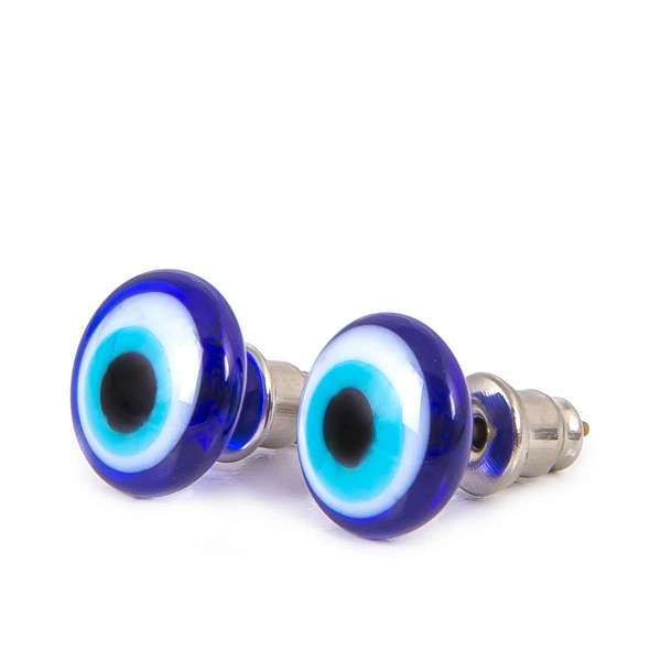 Close up angled front view of dark blue evil eye stud earrings on a white background