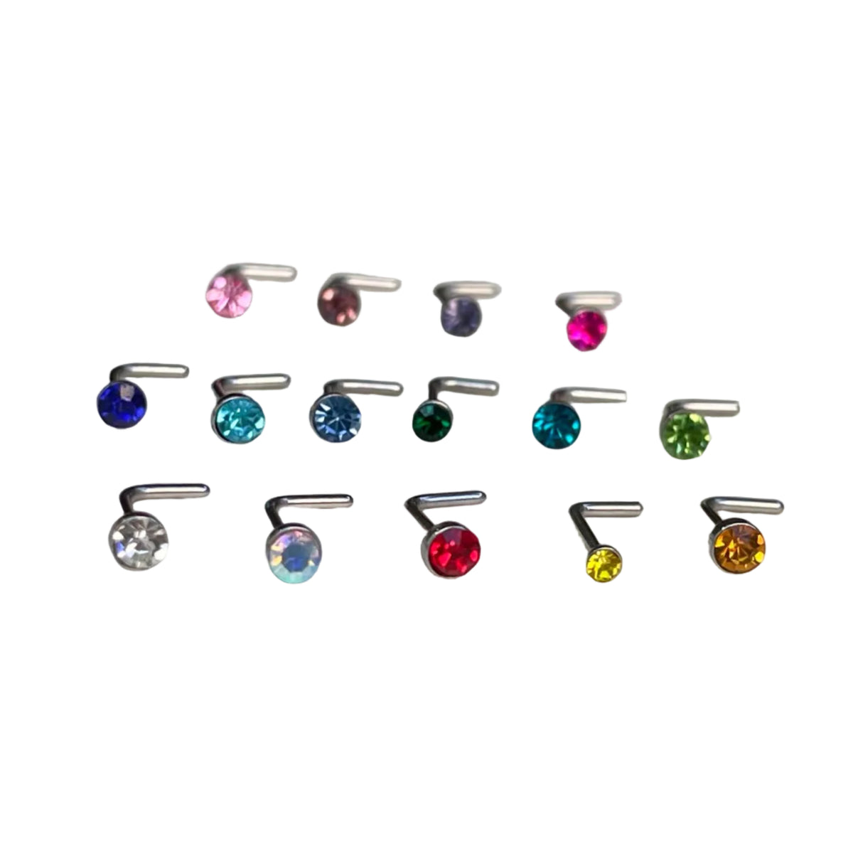 Front view of nose rings with multicolored stones on a white background