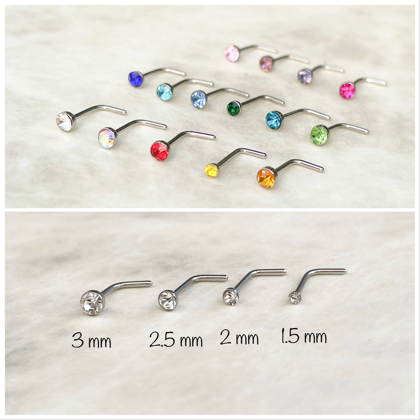 L-shaped nose studs with silver post and stones in various colors with size measurements labeled