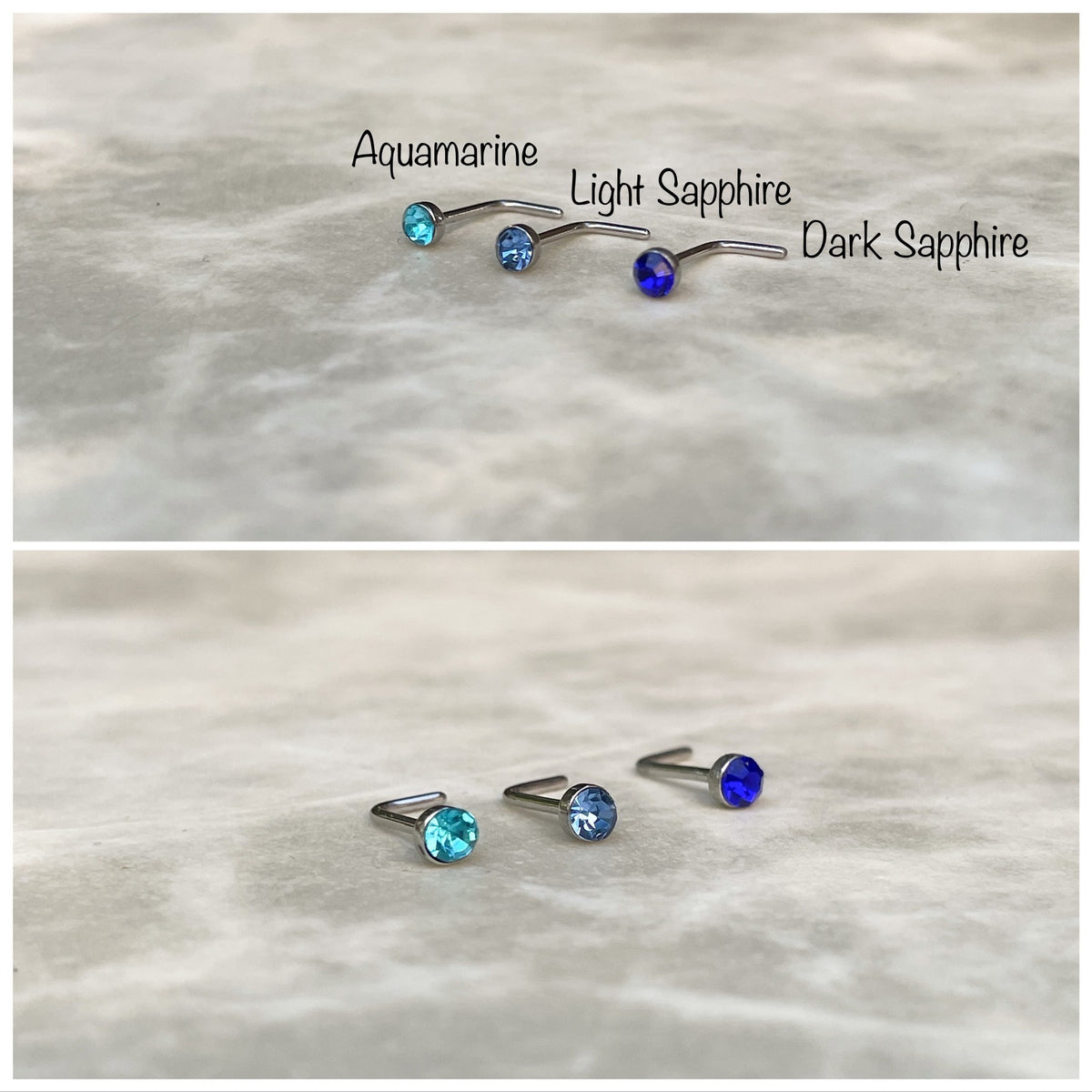 L-shaped nose studs with silver post and stones in various colors including aquamarine, light sapphire and dark sapphire