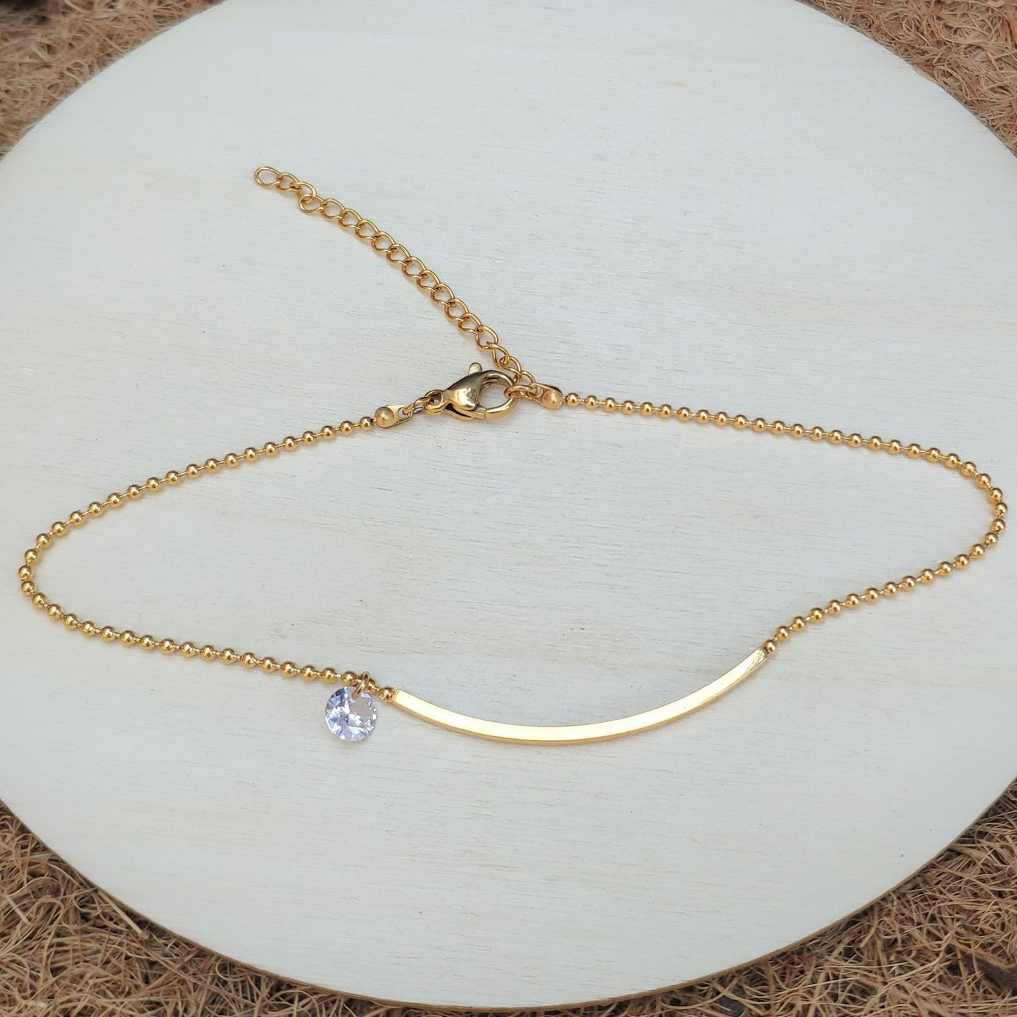 Gold Curved Bar Crystal Anklet - Stainless Steel