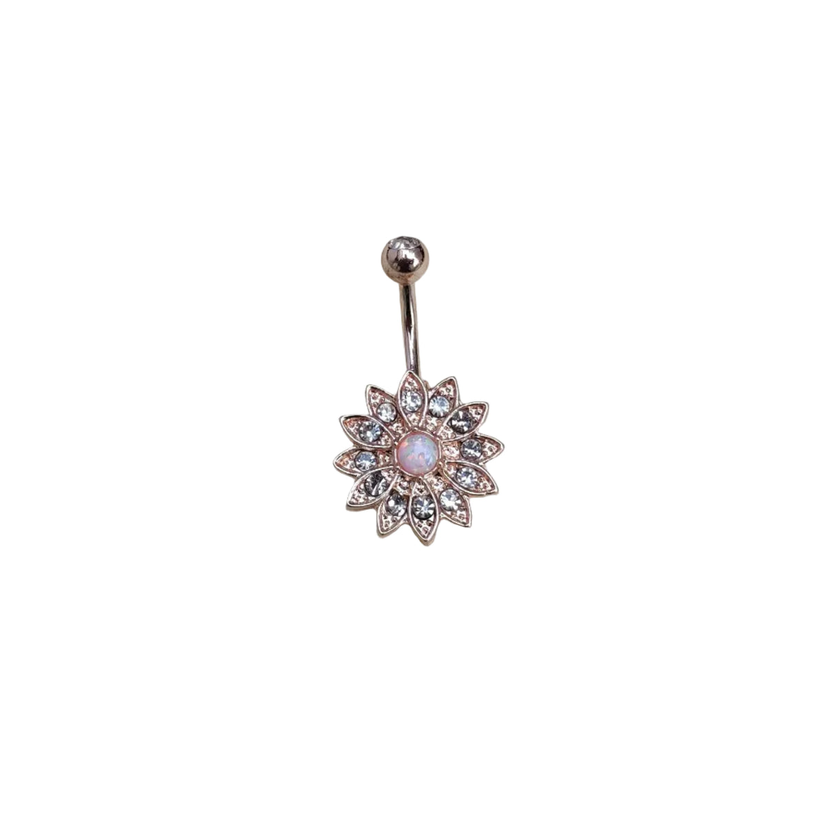 Decorative belly button ring with floral design and gemstones on a white background