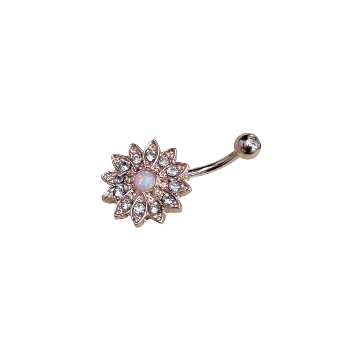 Rose gold belly button ring with a floral design and opal stone on a white background