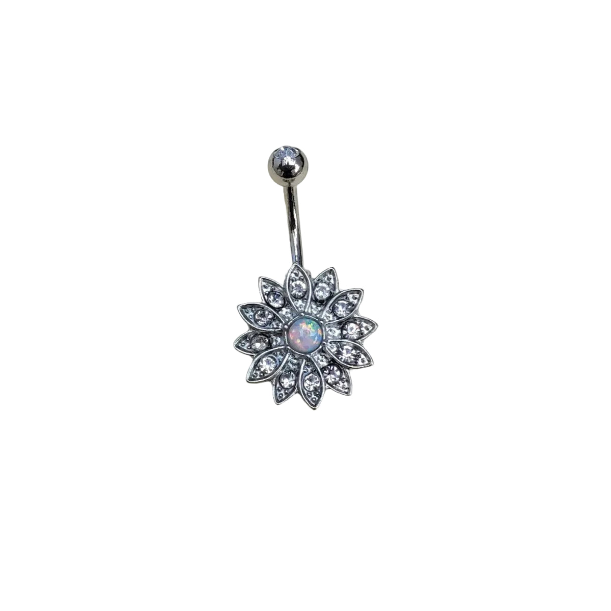 Daisy-shaped belly button ring with gemstones on a white background