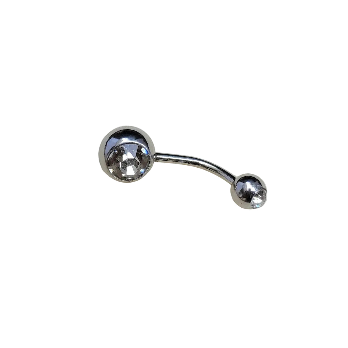 Silver belly ring with round stones on a white background