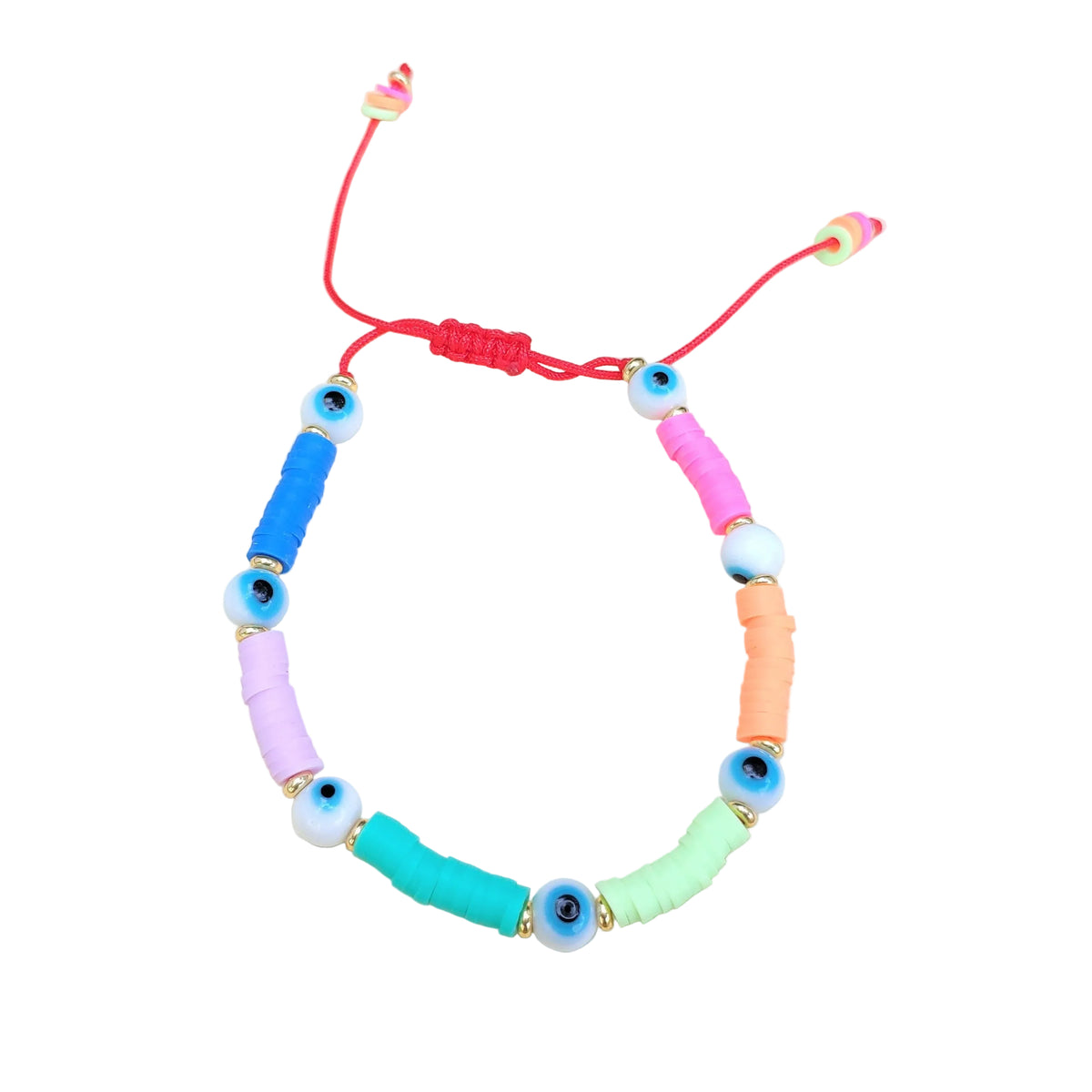 Colorful beaded bracelet with evil eye beads and blue, violet, turquoise, neon gree, orange and neon pink polymer clay beads closed with a sliding square knot made of red thread and 3 heishi beads at each end, on a white background