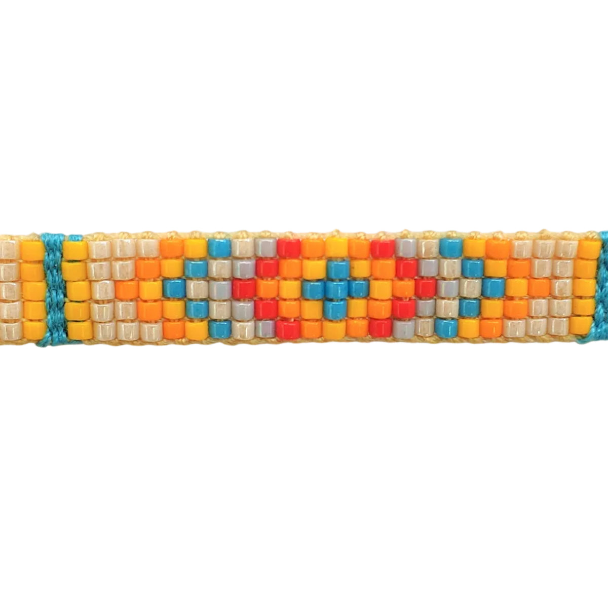 Colorful beaded mioyuki bracelet with orange, brown and blue beads.