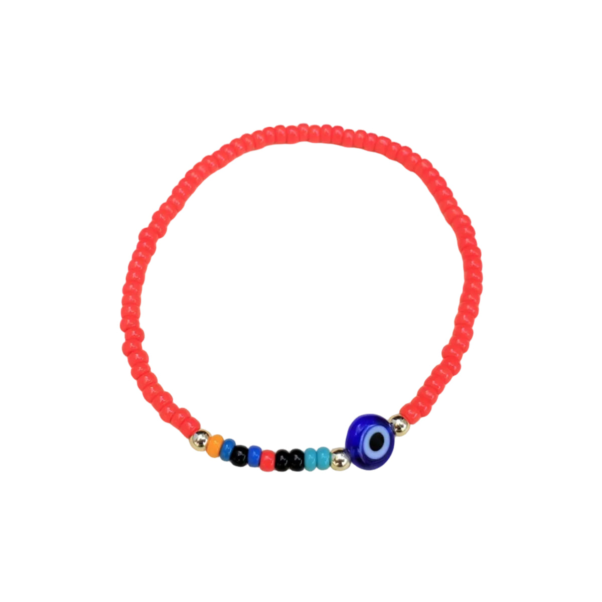 Red beaded bracelet with a blue evil eye charm on a white background